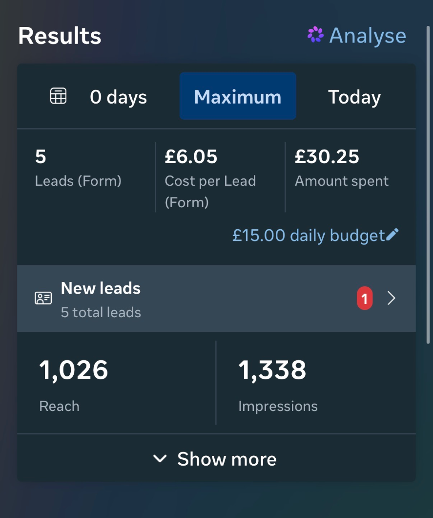 Meta Ads results dashboard