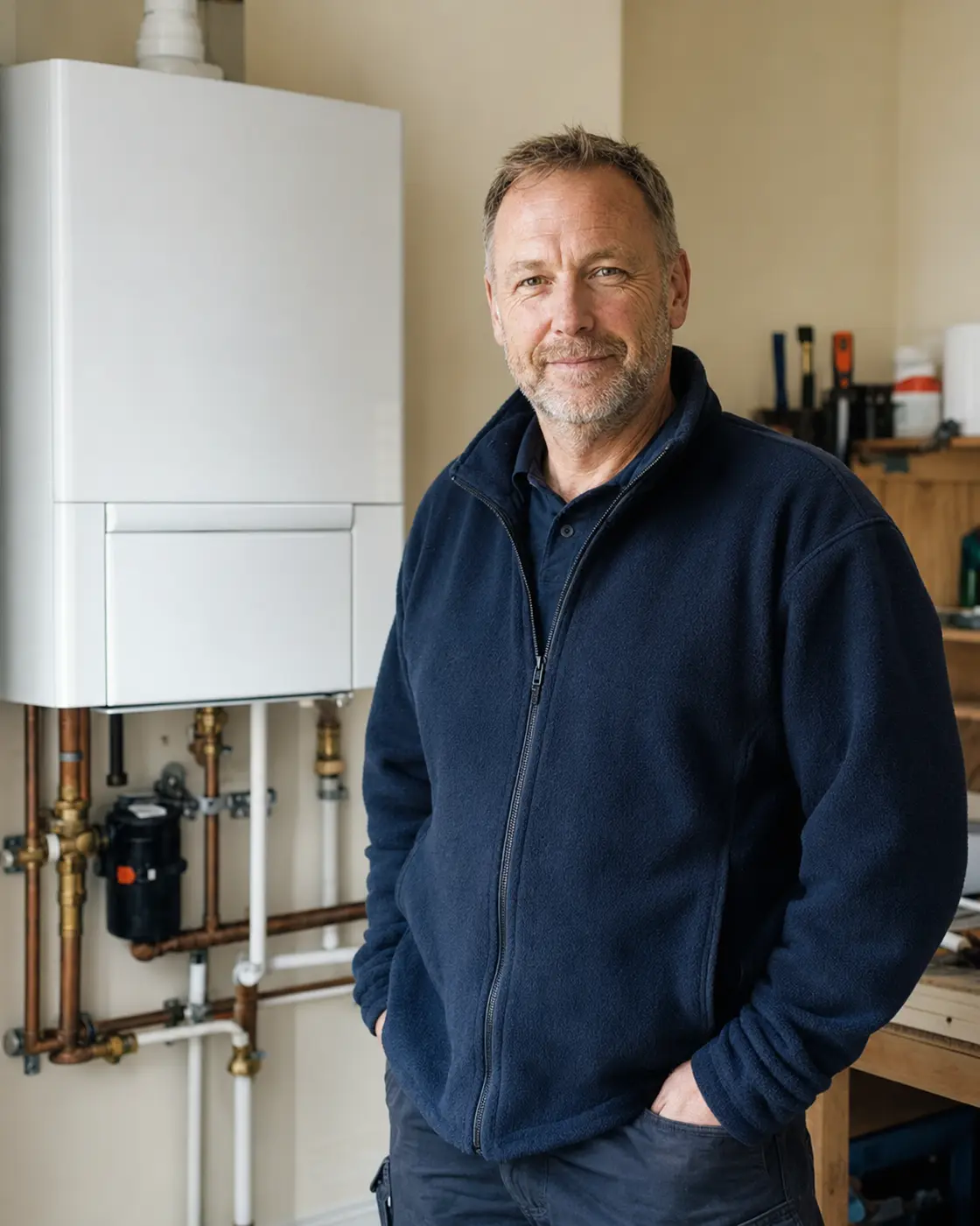 An experienced heating engineer standing beside a modern boiler